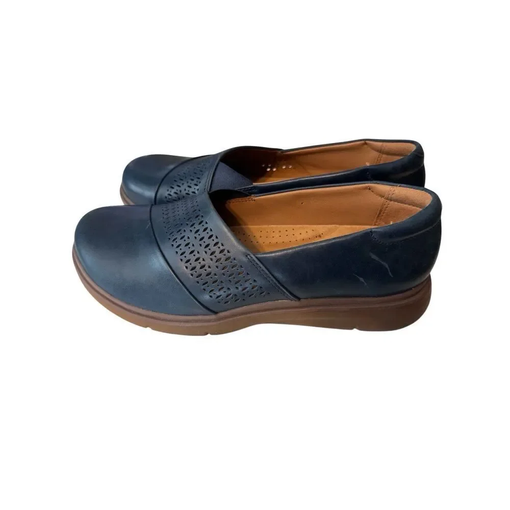 Clarks Certina Edge Women's Slip On Comfort Shoes Blue Leather High Demand Sz 9